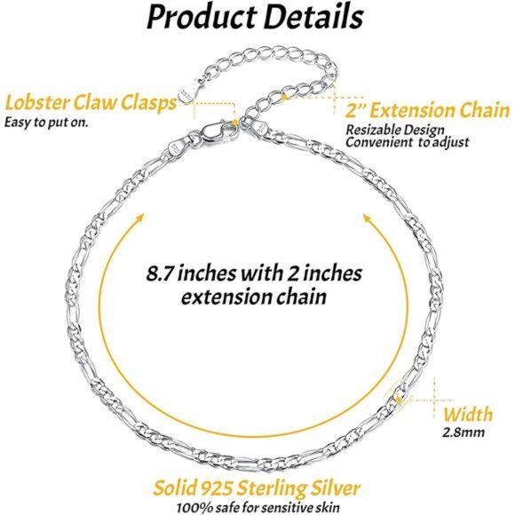 925 Sterling Silver Ankle Bracelet for Women, Simple Cuban Link/Figaro/Twist - Picture 5 of 7